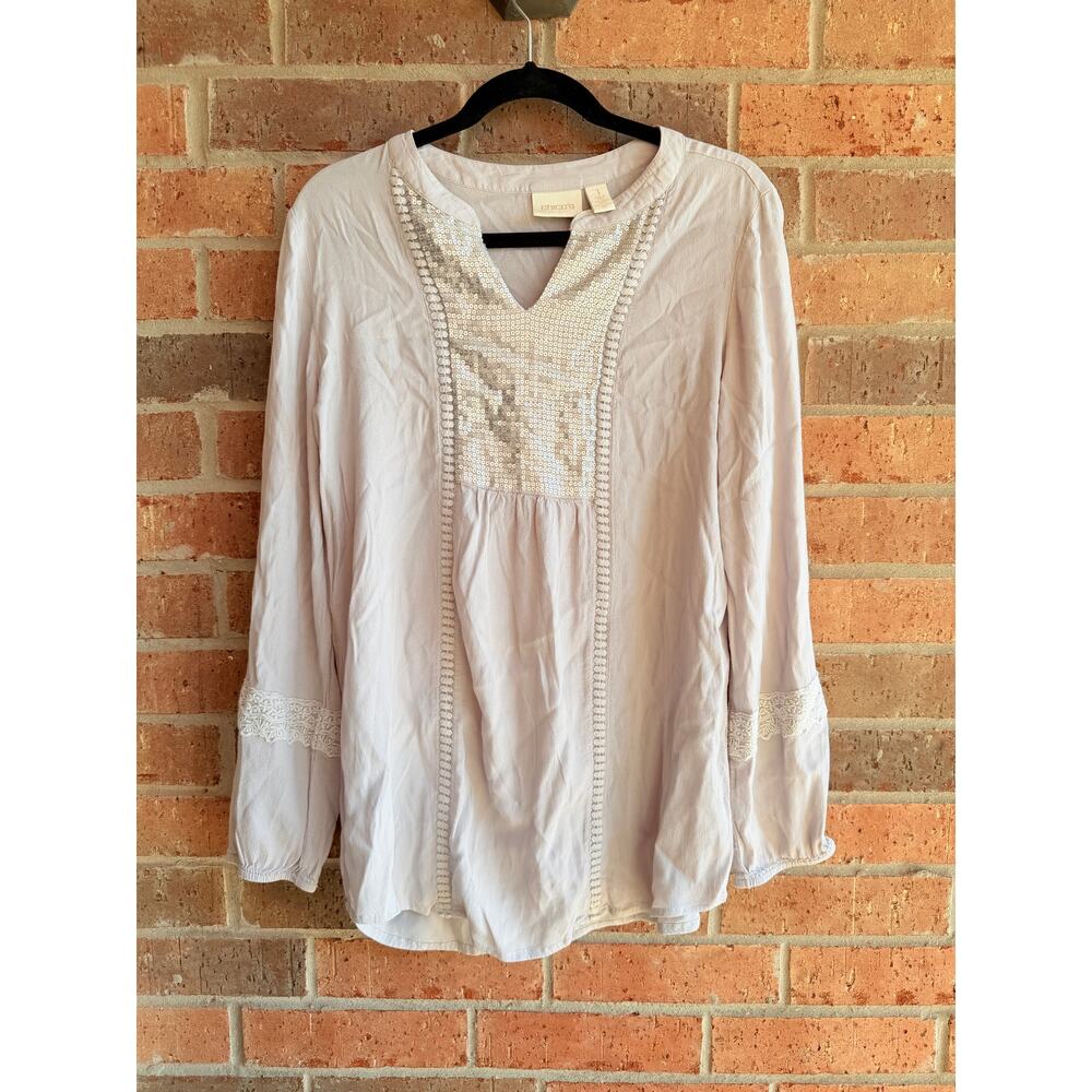 Chico's Women's Gray Sequin Shine Split V-Neck Long Sleeve Tunic Blouse Size 1